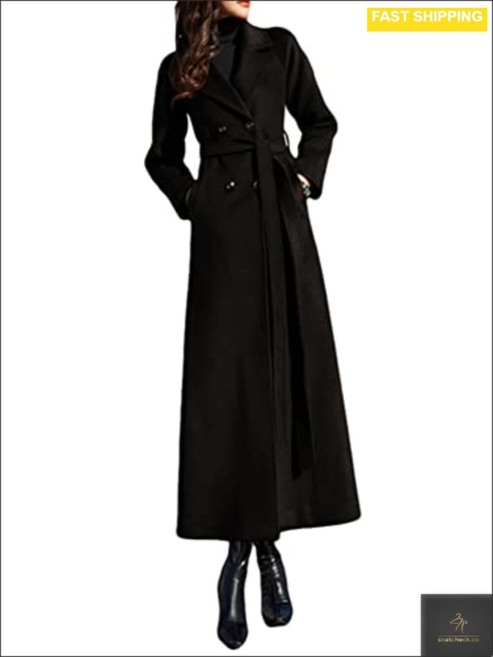 Women's Long Wool Blend Trench Coat Double Breasted Winter Jacket